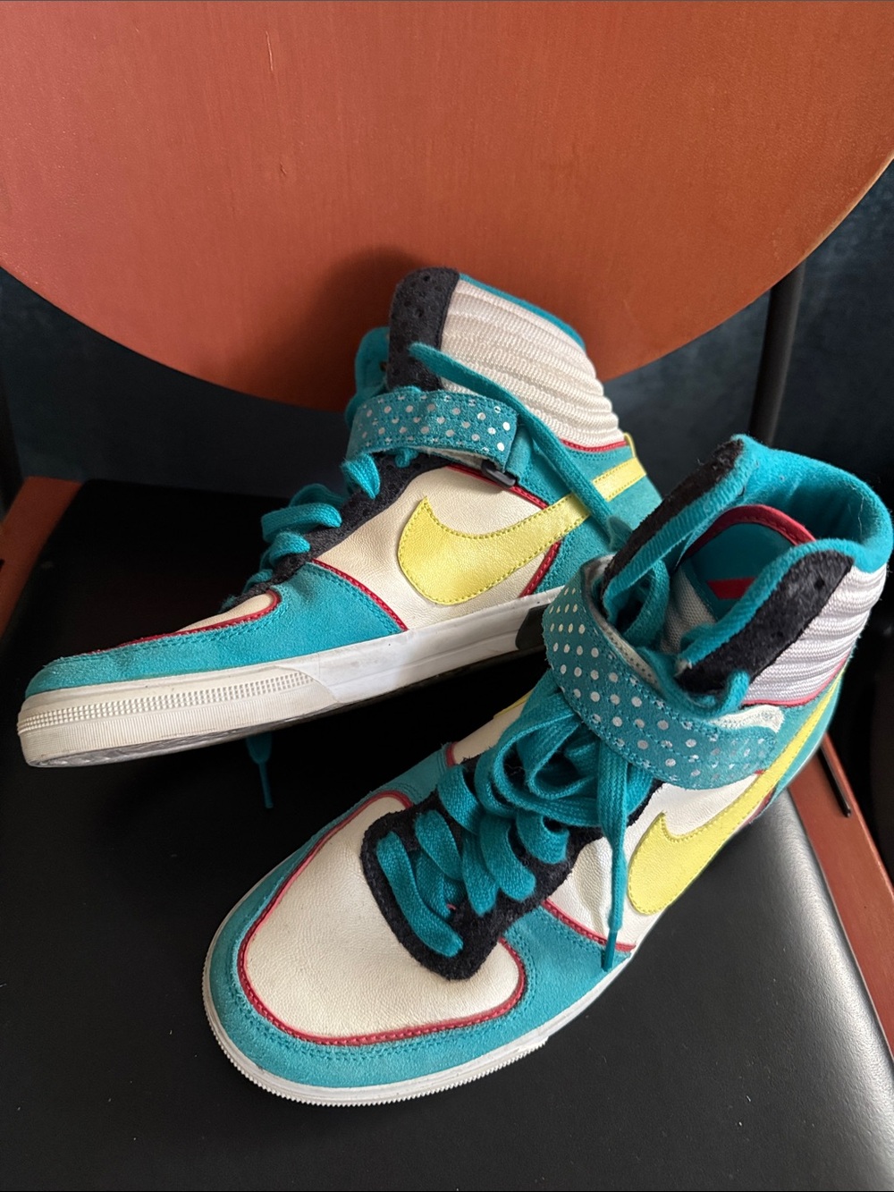 Nike High-Top Sneakers — Teal, Yellow & White with Pink Trim W8.5